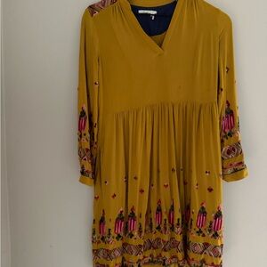 Anthropologie Floreat Embroidered Mustard Dress